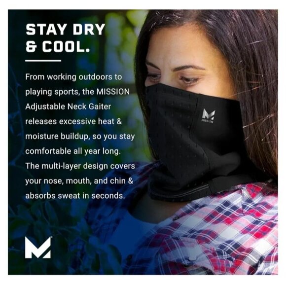 Mission All-Season Adjustable Neck Gaiter Moisture-Wicking Sun Protection Black - Picture 4 of 6